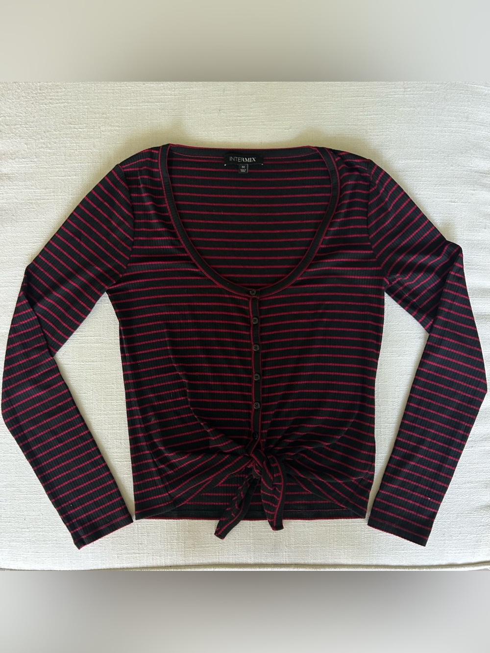 Intermix Black Red Striped Ribbed Tie Front Long Sleeve Top M
